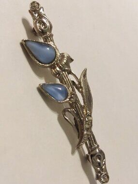 Blue Gemstone Pin Brooch Floral Leaf Crystal Clear Rhinestone Silver Tone Metal